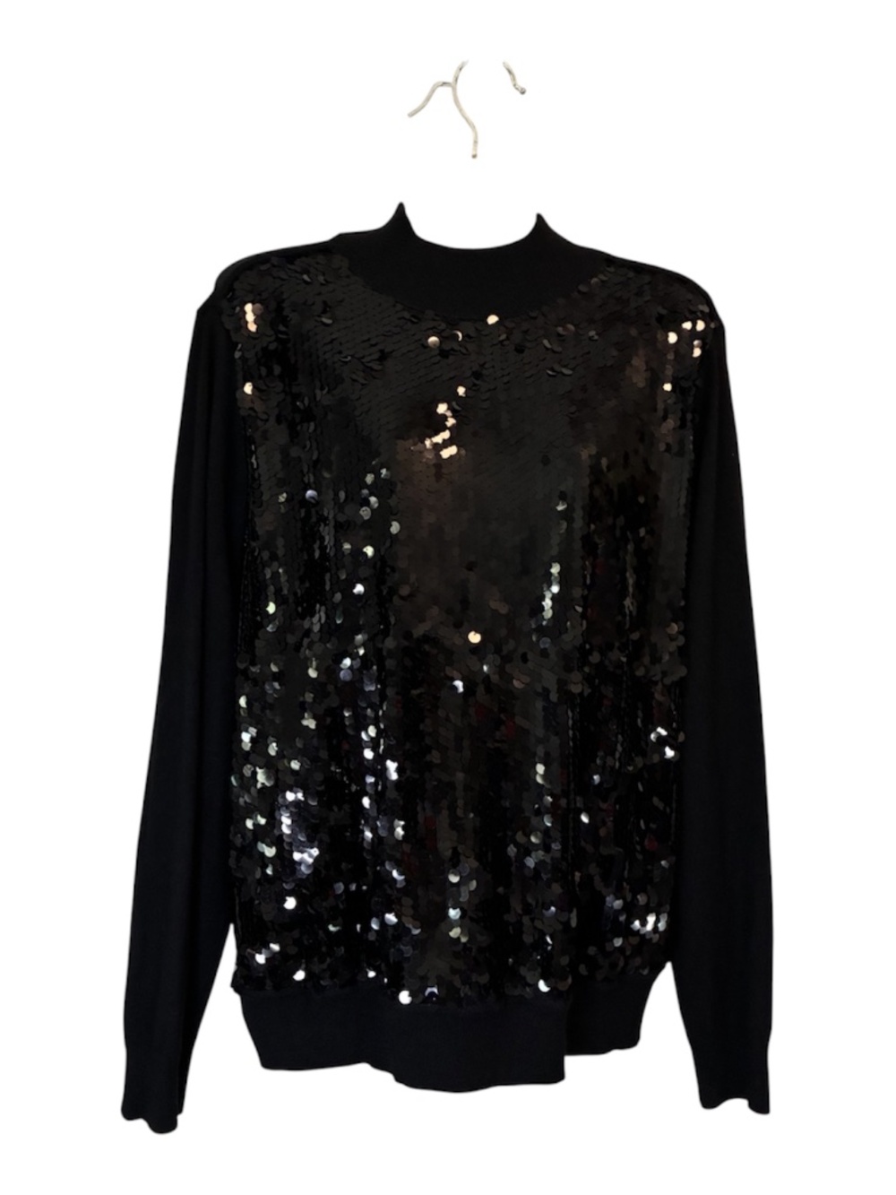 Ann Taylor Sequin Front Mock Neck Turtleneck Sweater Holiday Festive Black Large